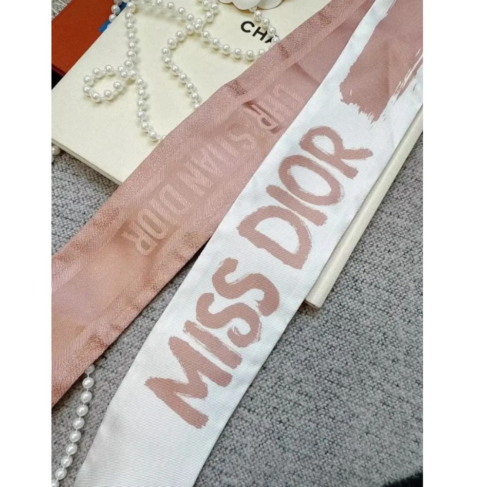 Dior Pink and White Logo Twilly Scarf-2506 - Picture 2 of 5